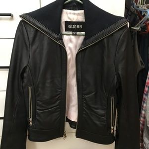 GUESS Genuine Leather Jacket With Knit Collar